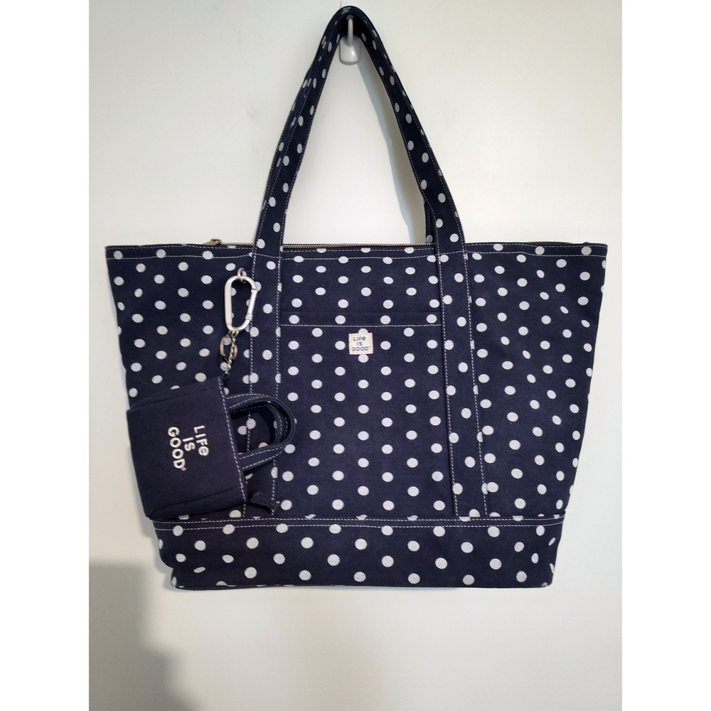 Life is Good Navy Blue Polka Dot Canvas Tote Bag with Mini Pouch Charm